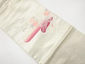 ヱ霞に御所車・牡丹・枝梅模様刺繍名古屋帯